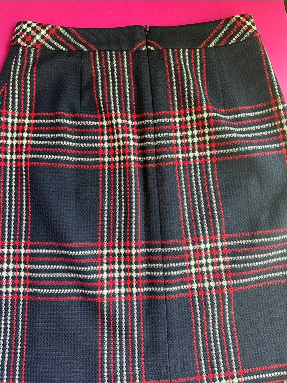 Halogen Navy Plaid A-Line Skirt with Red Accent